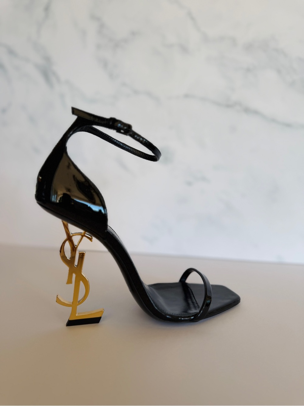 Saint Laurent YSL Opyum 110 Black Patent Gold Logo Heel Sandals Size 38 + Box - Picture 6 of 7